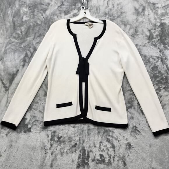 Vintage Notations Sweater Womens M White Black Tie Front Preppy Rayon Nylon Knit - Picture 1 of 10